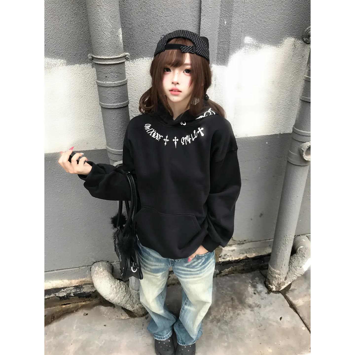 아메리칸 조수 브랜드 검정색 십자가 산스크리트어 털이 있고 두꺼운 후드티 여성 가을 겨울 느긋한 커플 학생 후드 재킷