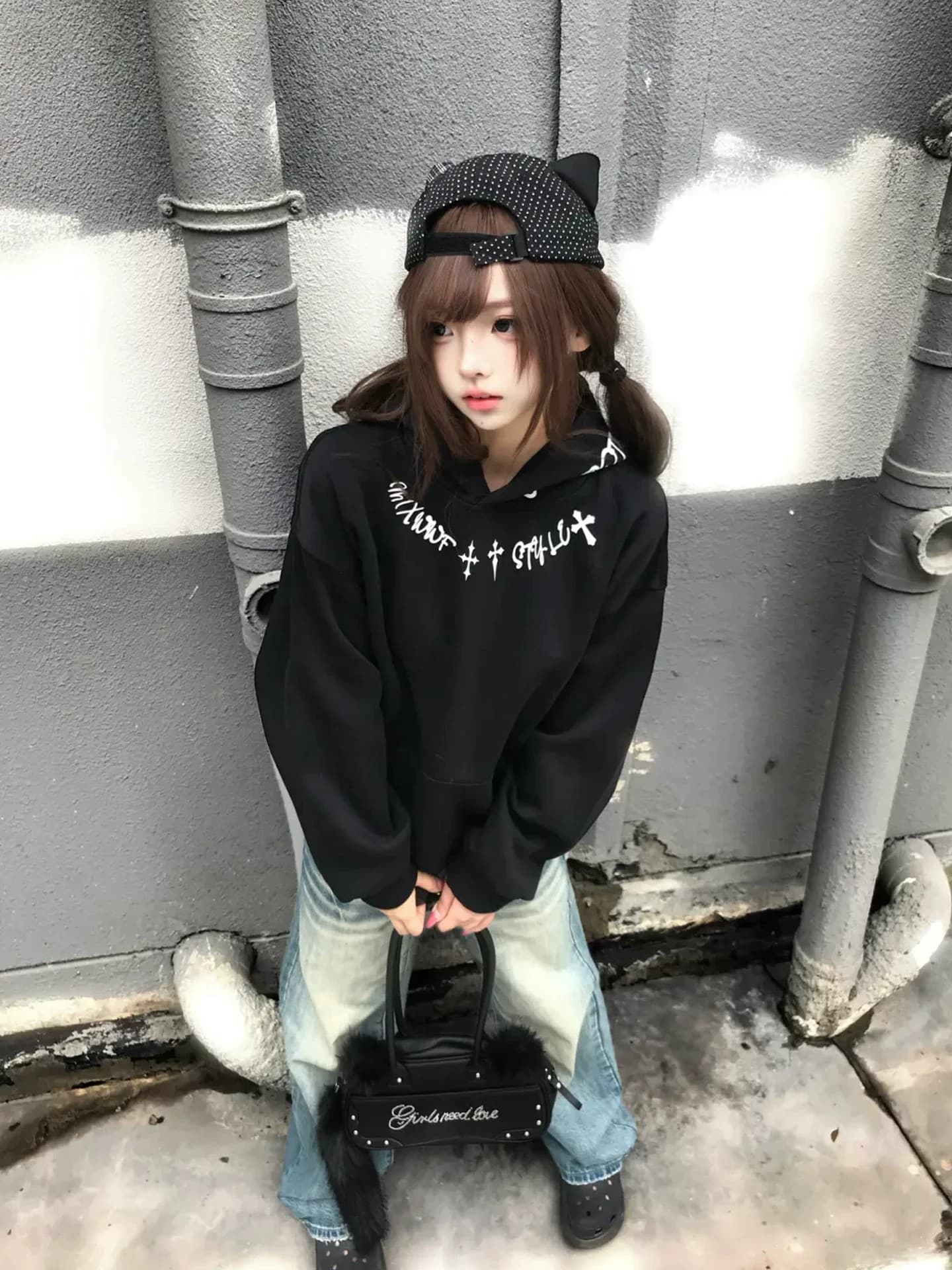 아메리칸 조수 브랜드 검정색 십자가 산스크리트어 털이 있고 두꺼운 후드티 여성 가을 겨울 느긋한 커플 학생 후드 재킷 상세 이미지 2
