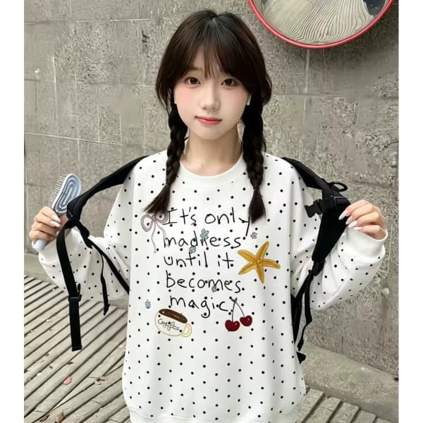 아메리칸 레트로 도트 무늬 후드티 여성 봄 가을 새로운 루즈핏 느긋한 바람 디자인 센스 작은 대중 라운드 넥 없음 모자 의류