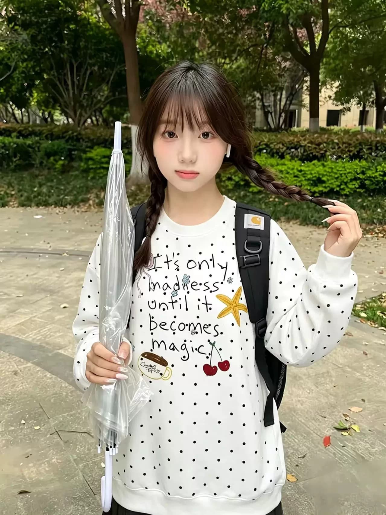 아메리칸 레트로 도트 무늬 후드티 여성 봄 가을 새로운 루즈핏 느긋한 바람 디자인 센스 작은 대중 라운드 넥 없음 모자 의류 상세 이미지 5