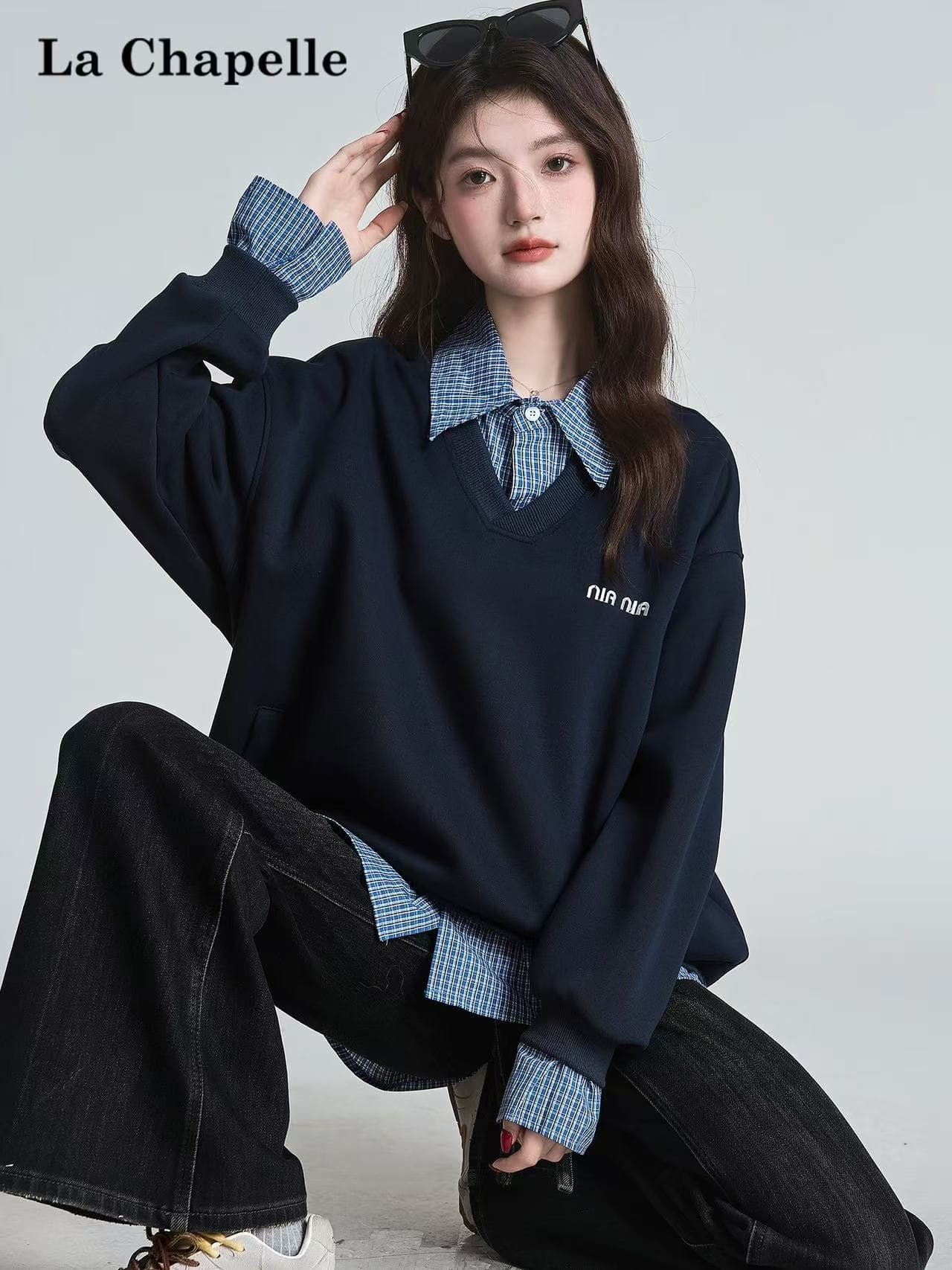 체크무늬 패치워크 페이크 레이어드 POLO 칼라 후드티 여성 한 부서 느긋한 바람 루즈핏 자수 맨위