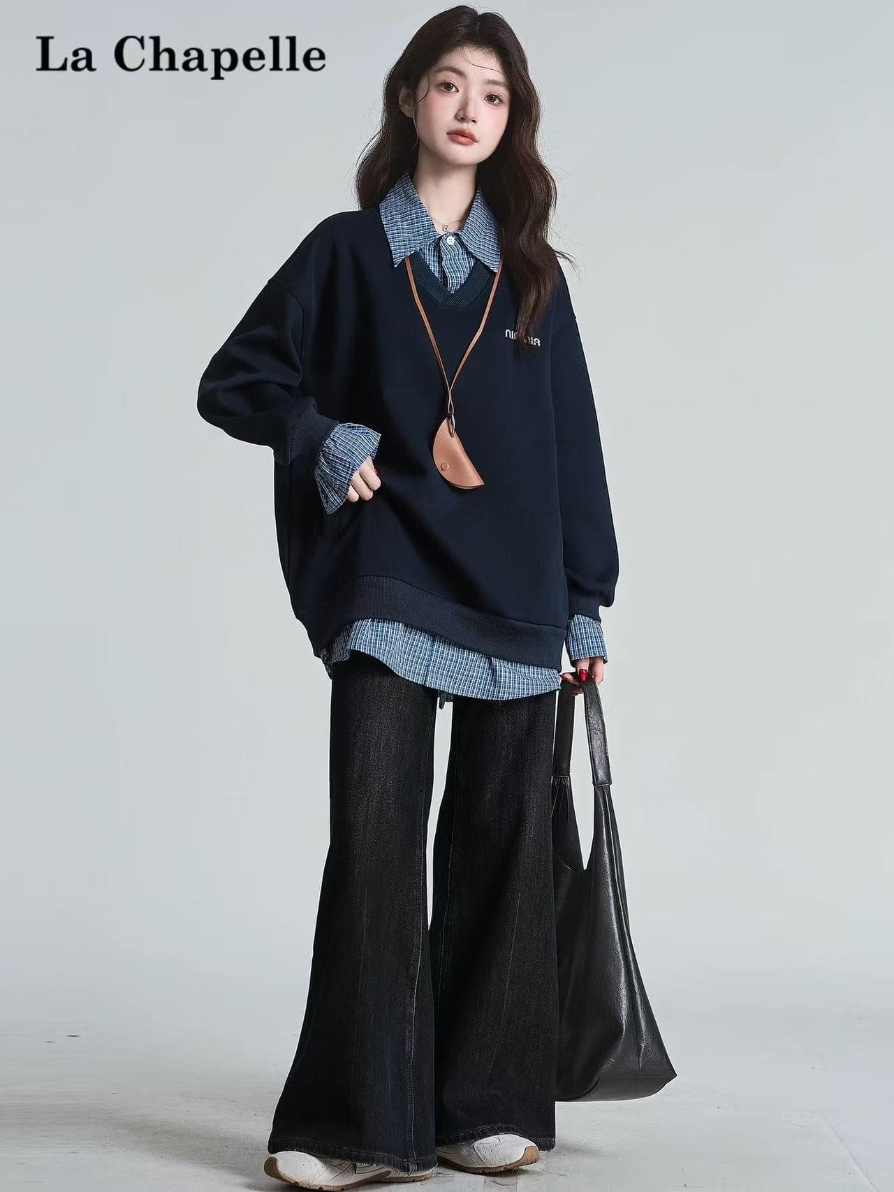 체크무늬 패치워크 페이크 레이어드 POLO 칼라 후드티 여성 한 부서 느긋한 바람 루즈핏 자수 맨위 이미지 2