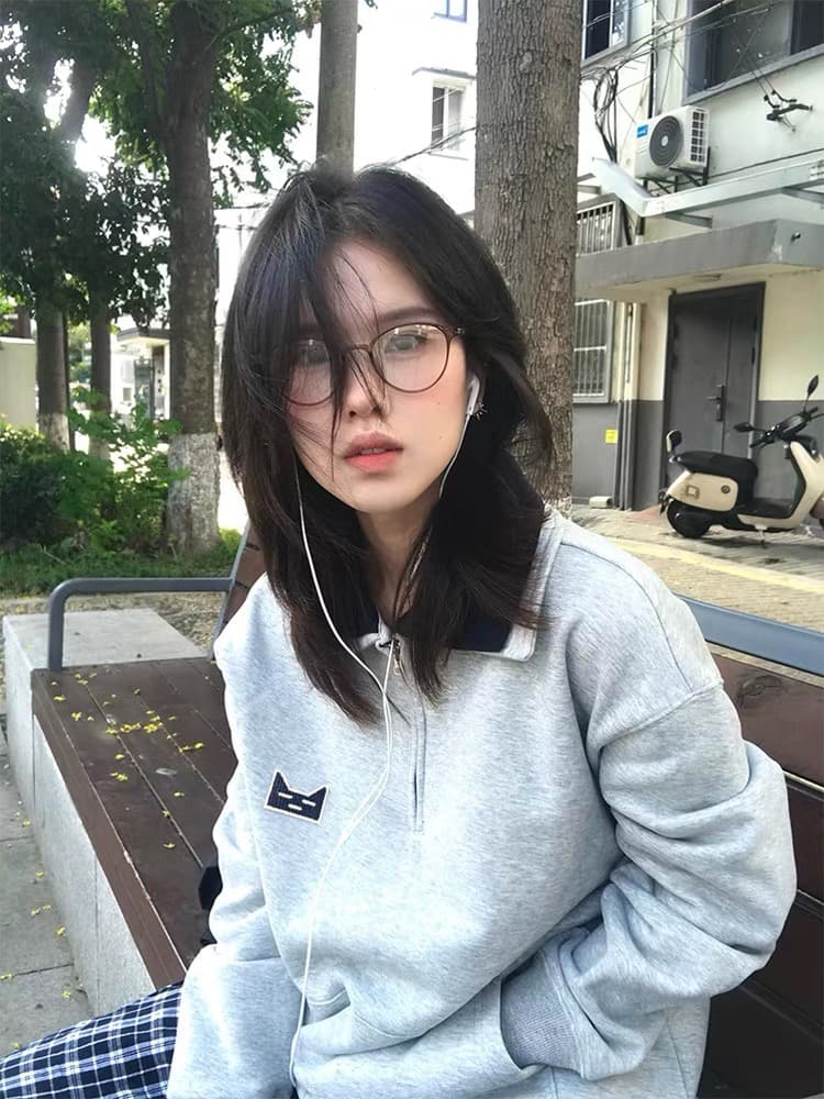 이중층 폴로 칼라 하프 지퍼 후드티 여성 가을 겨울 털이 있고 두꺼운 루즈핏 캐주얼 학원 스타일 긴팔 맨위 아메리칸 트렌디 상세 이미지 3