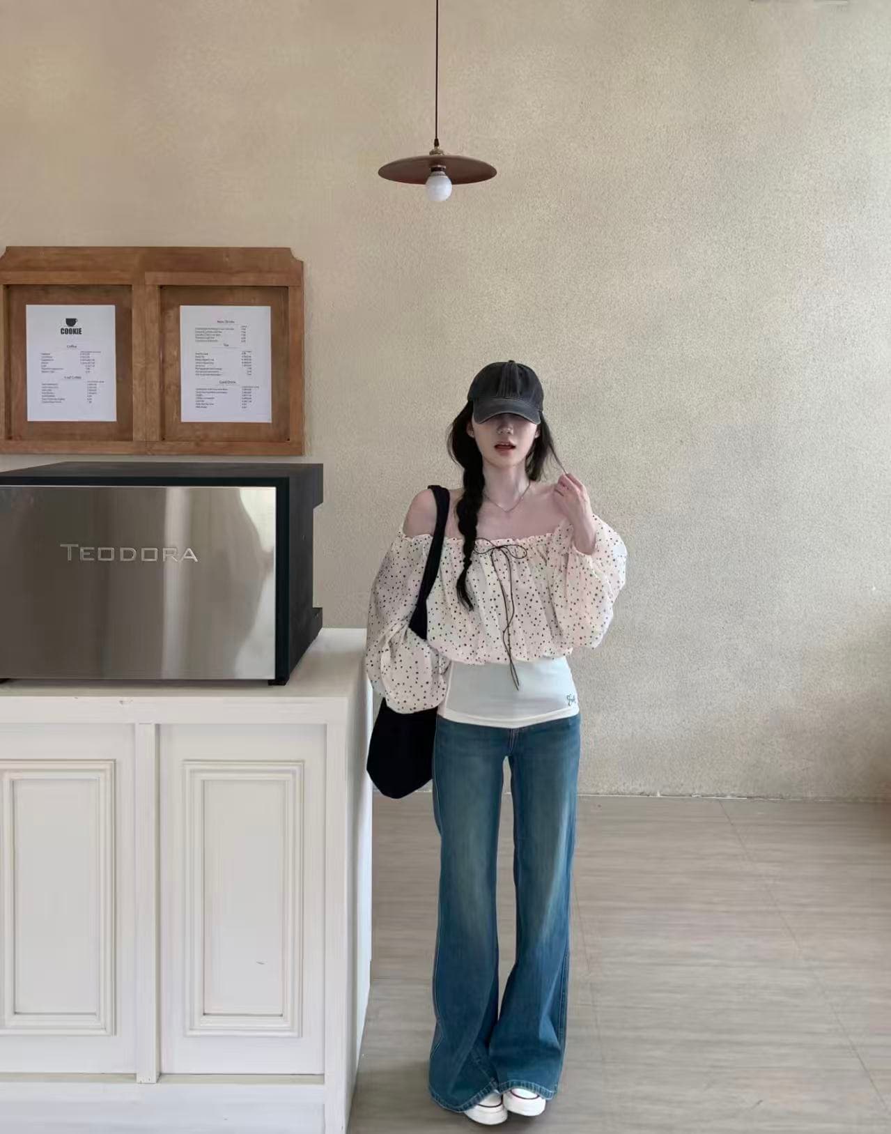 순수한 욕망 섹시함 도트 무늬 오프숄더 긴팔 티셔츠 여성 이른 가을 한 부서 슬림해 보이는 다용도 핫걸 오프숄더 맨위 상세 이미지 2