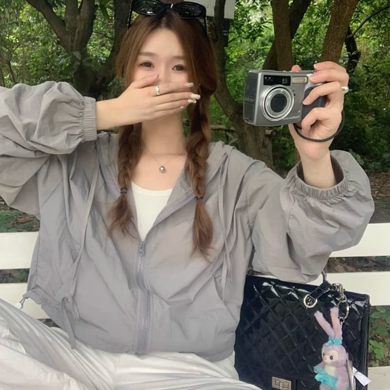 산계 야외 회색 후드 자외선 차단 의류 얇은 스타일 지퍼 오픈 가디건 여성 여름 캐주얼 자켓 기능 바람 재킷