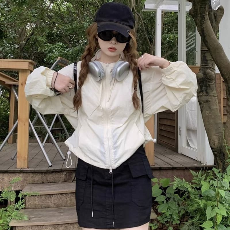 산계 야외 회색 후드 자외선 차단 의류 얇은 스타일 지퍼 오픈 가디건 여성 여름 캐주얼 자켓 기능 바람 재킷 상세 이미지 2