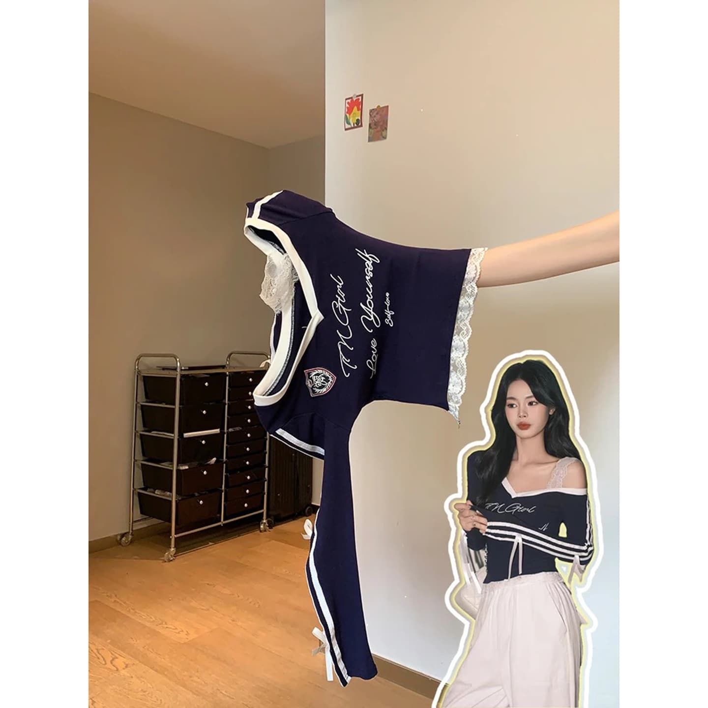 아메리칸 핫걸 오프숄더 슬립 맨위 여성 이른 가을 페이크 레이어드 오프숄더 긴팔 티셔츠 레이스 기본 셔츠 인사이드 가져 가라. 이미지 3