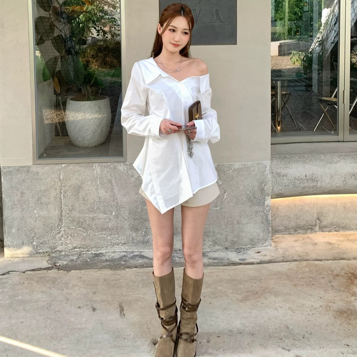 여성 셔츠 디자인 센스 긴팔 오프숄더 둘 착용 품격 출퇴근 맨위 이미지 4