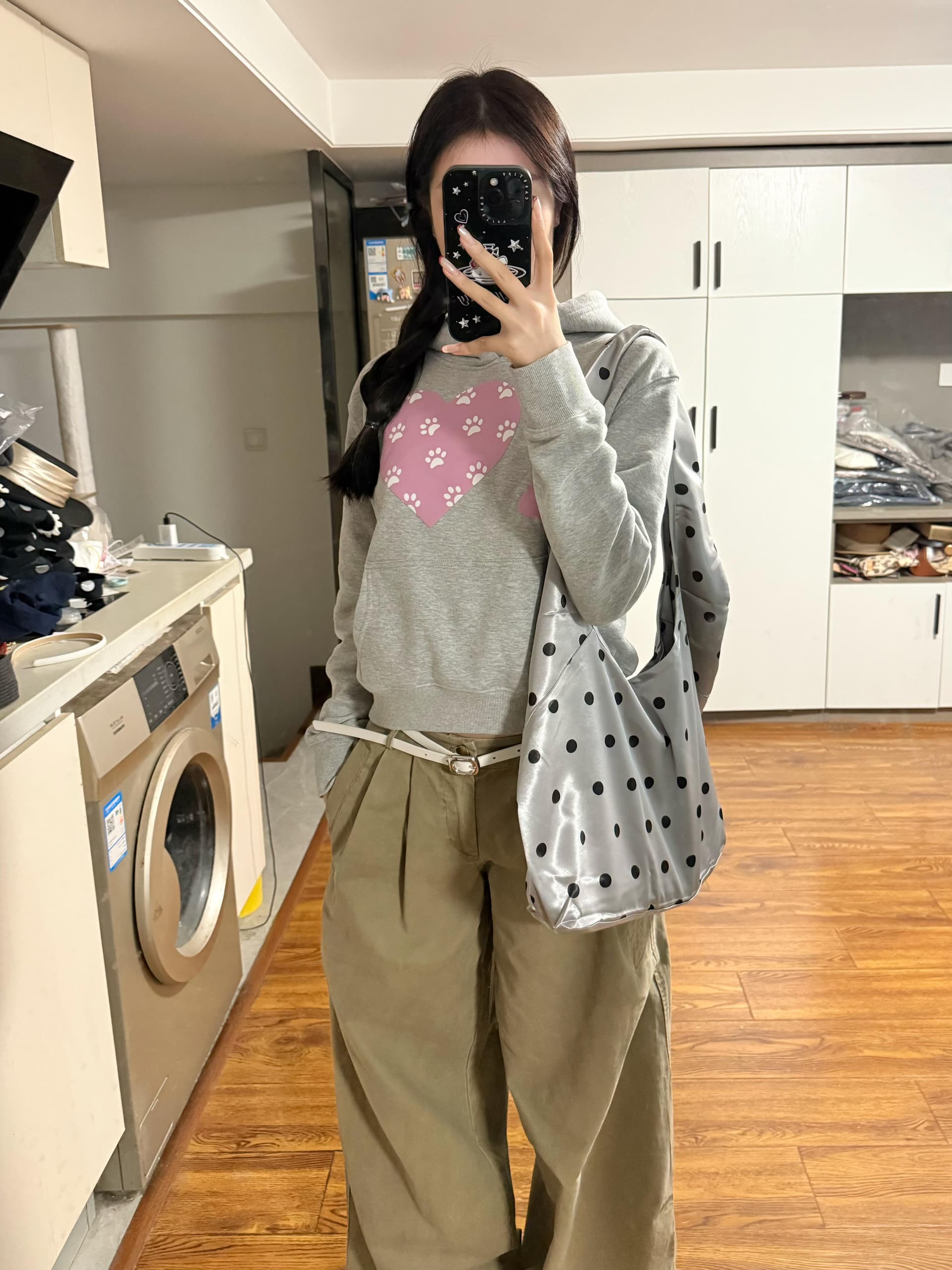 하트 고양이 발톱 프린트 쇼트 스타일 후드 티 스웨터 여성 조기 봄 아메리칸 풀오버 루즈핏 모자 셔츠 회색 다용도 맨위 이미지 4