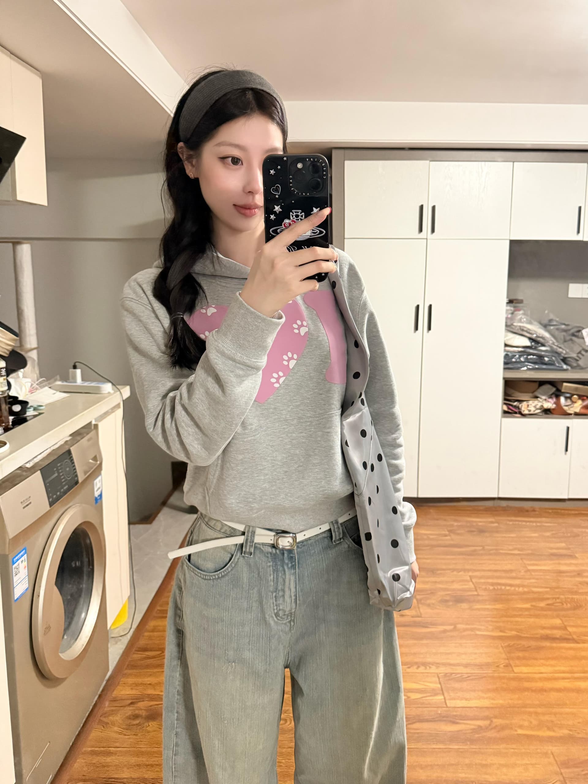 하트 고양이 발톱 프린트 쇼트 스타일 후드 티 스웨터 여성 조기 봄 아메리칸 풀오버 루즈핏 모자 셔츠 회색 다용도 맨위 상세 이미지 1