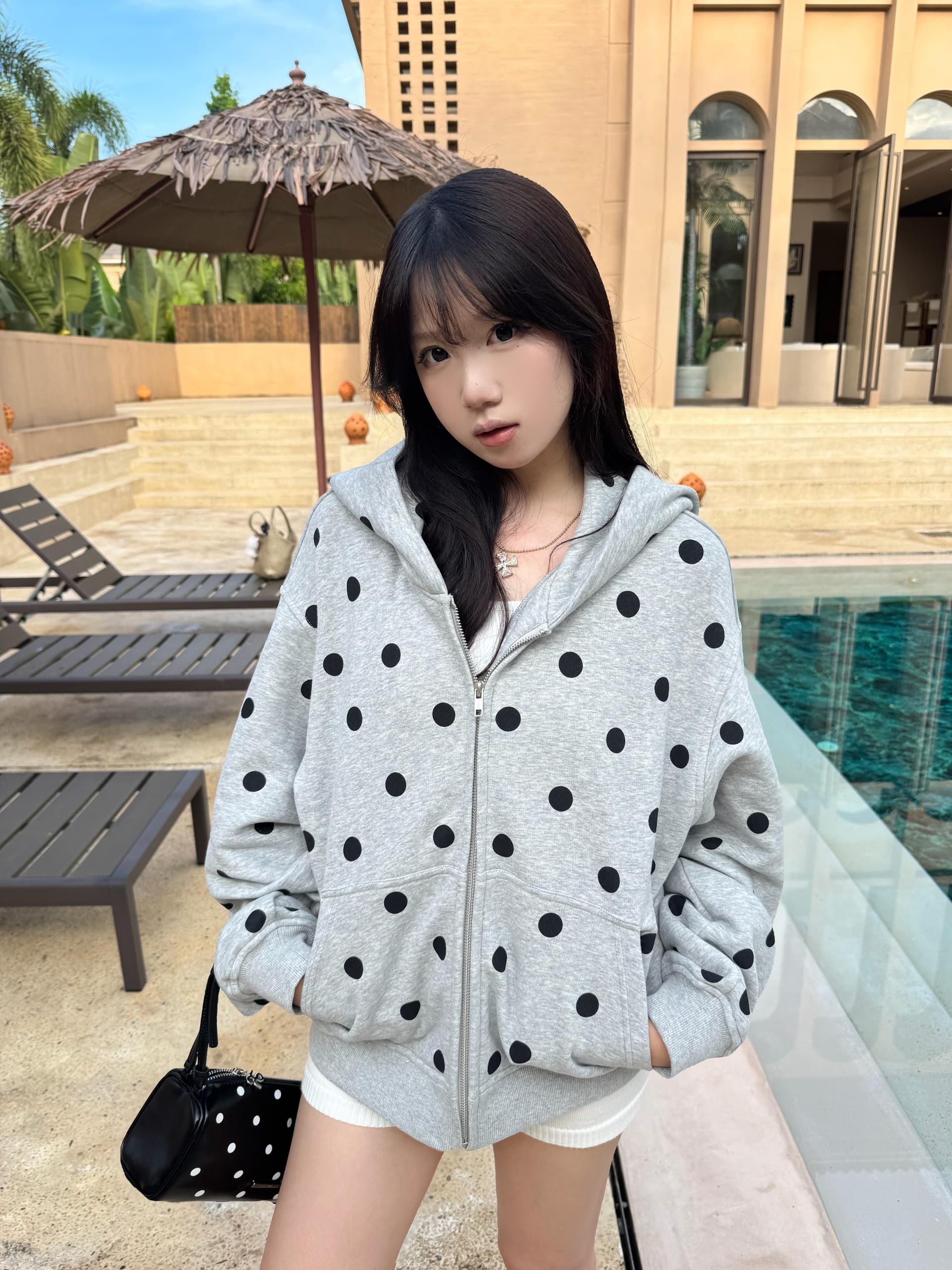 한 부서 캐주얼 회색 도트 무늬 후드 티 스웨터 오픈 가디건 여성 이른 가을 착용 가져 가라. 쇼트 스타일 느긋한 루즈핏 다용도 짧은 외투 상세 이미지 3