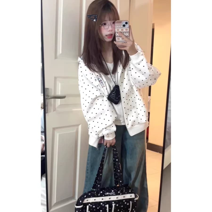 귀여운 토끼 화이트 도트 무늬 후드 지퍼 후드티 짧은 여성 코트 가을 겨울철 루즈핏 다용도 맨위 이미지 2