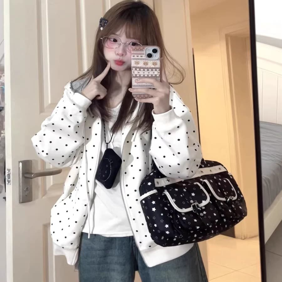 귀여운 토끼 화이트 도트 무늬 후드 지퍼 후드티 짧은 여성 코트 가을 겨울철 루즈핏 다용도 맨위 이미지 5