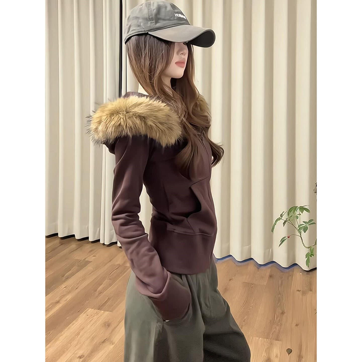 이른 가을 쇼트 스타일 털 모피 칼라 여성 코트 아메리칸 몸매 가꾸기 허리 수축 봄 후드 긍정적 인 어깨 후드티 그레이트 봐. 의류
