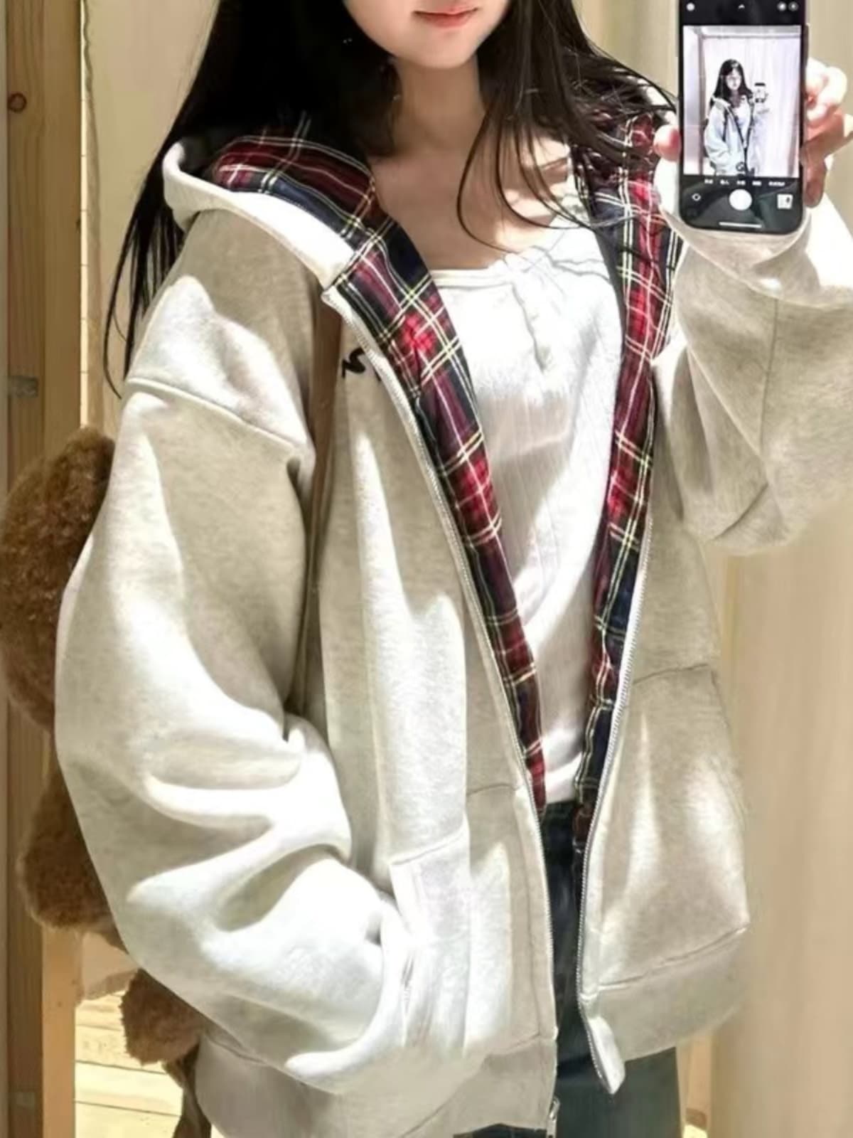 아메리칸 회색 후드 티 스웨터 여성 코트 가을 겨울 새로운 루즈핏 느긋한 바람 배색 체크무늬 패치워크 지퍼 오픈 가디건
