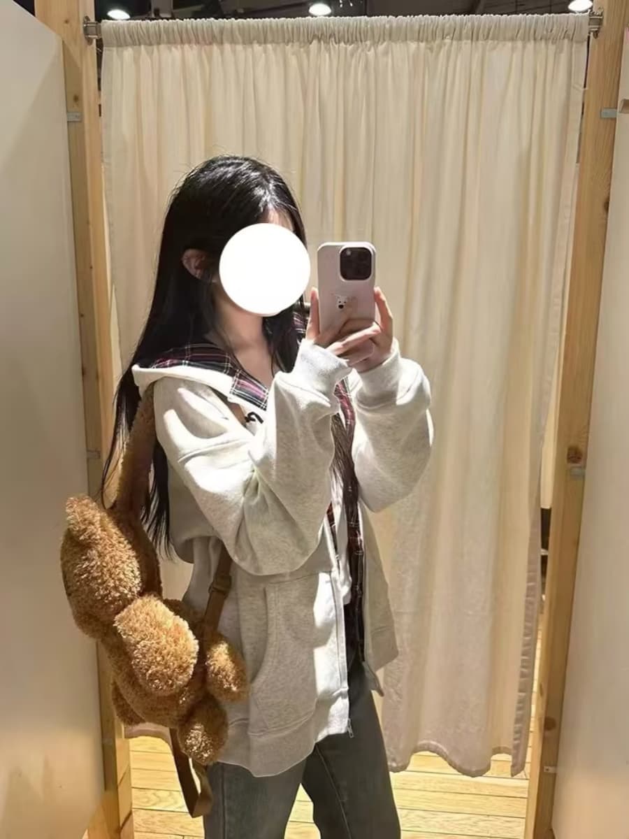 아메리칸 회색 후드 티 스웨터 여성 코트 가을 겨울 새로운 루즈핏 느긋한 바람 배색 체크무늬 패치워크 지퍼 오픈 가디건 이미지 3