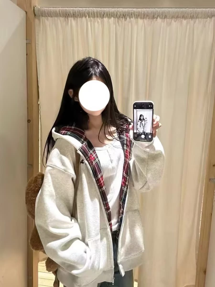 아메리칸 회색 후드 티 스웨터 여성 코트 가을 겨울 새로운 루즈핏 느긋한 바람 배색 체크무늬 패치워크 지퍼 오픈 가디건 이미지 2