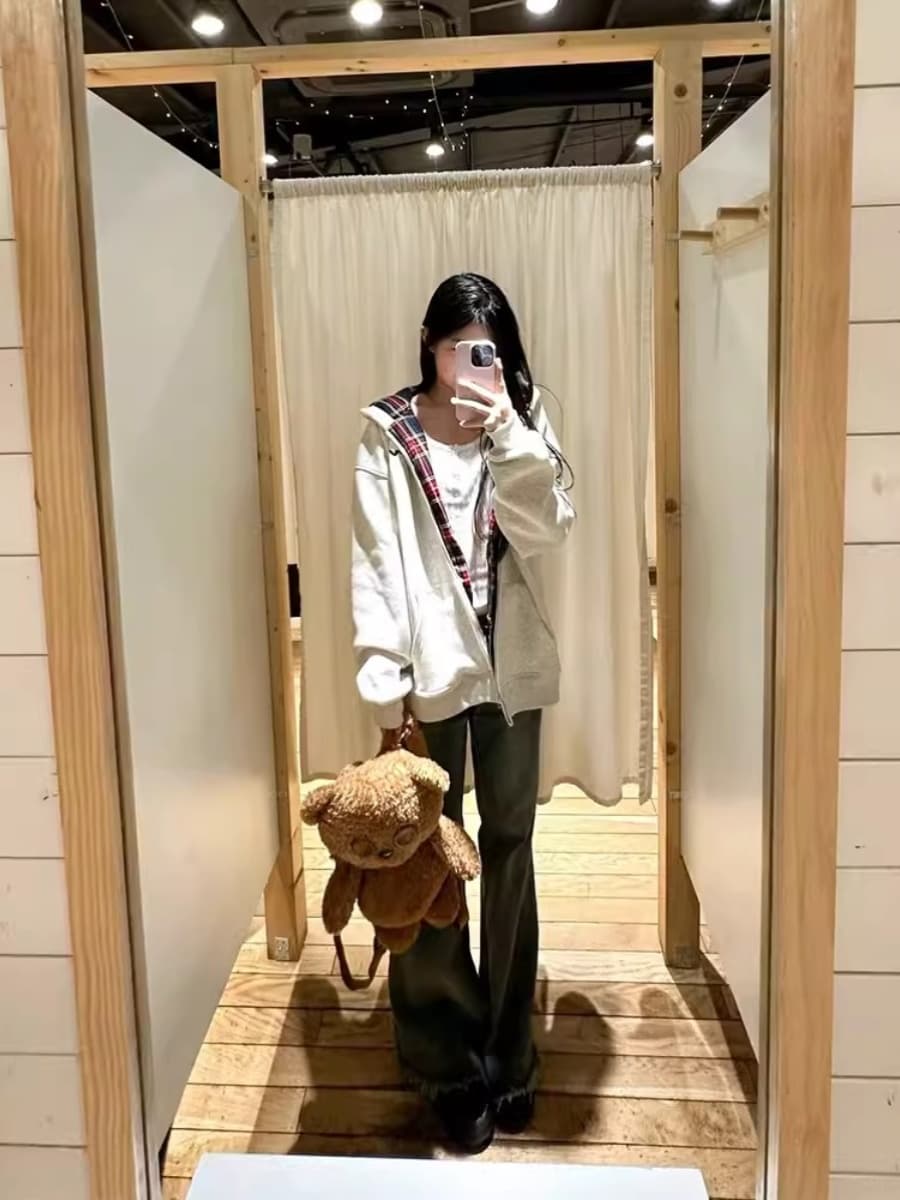 아메리칸 회색 후드 티 스웨터 여성 코트 가을 겨울 새로운 루즈핏 느긋한 바람 배색 체크무늬 패치워크 지퍼 오픈 가디건 상세 이미지 2