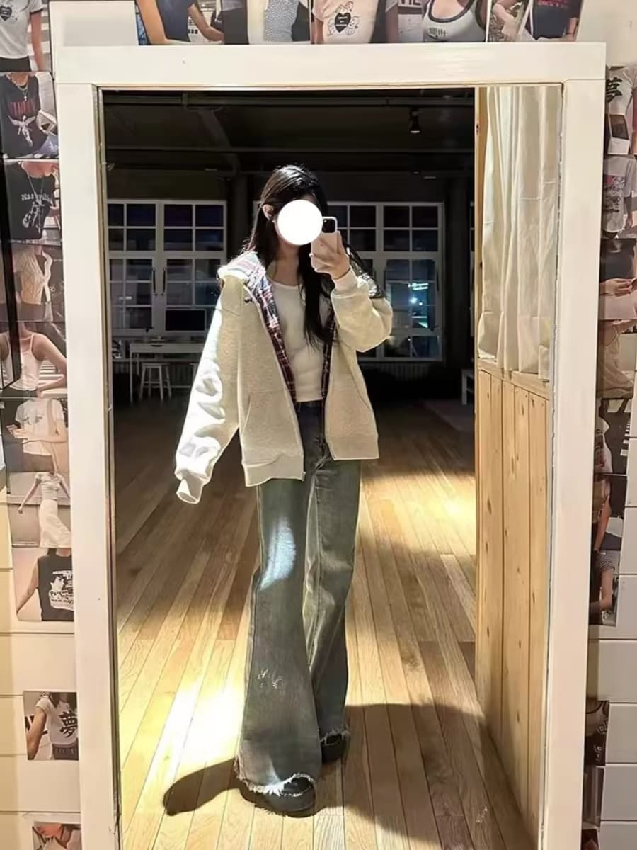아메리칸 회색 후드 티 스웨터 여성 코트 가을 겨울 새로운 루즈핏 느긋한 바람 배색 체크무늬 패치워크 지퍼 오픈 가디건 상세 이미지 4