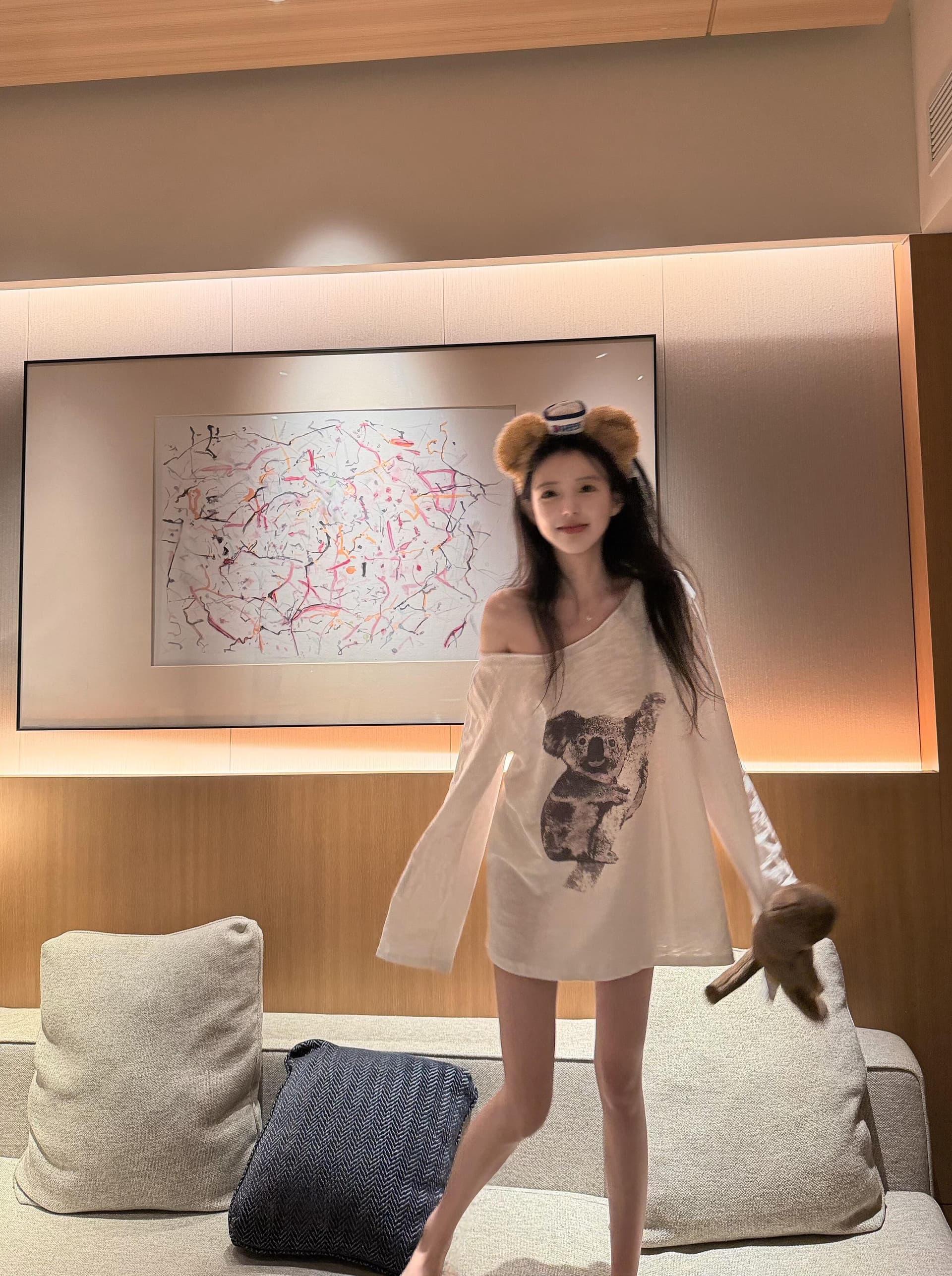 시험 당겨서 프린트 비스듬한 어깨 긴팔 티셔츠 여성 이른 가을 느긋한 루즈핏 다용도 슬림해 보이는 느슨함 센스 가정 외출용 맨위 이미지 4