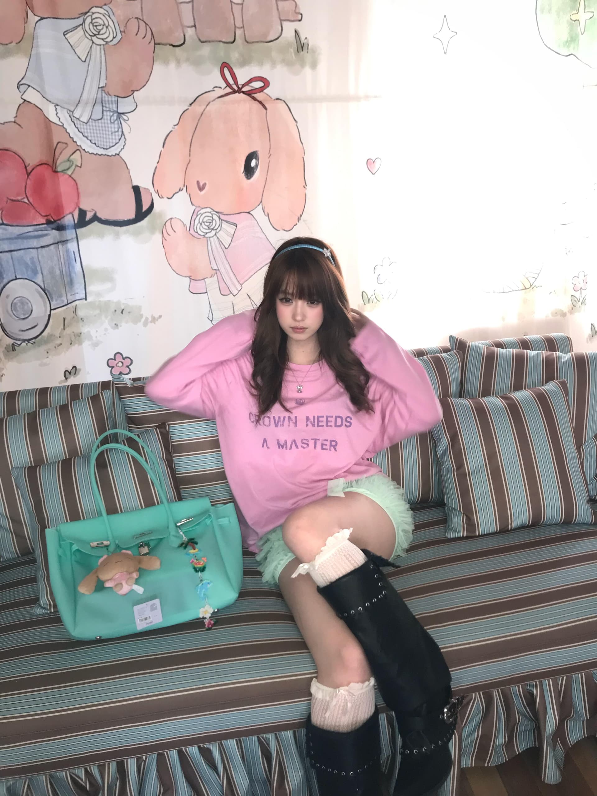 아메리칸 느슨함 센스 오래된 알파벳 프린트 라운드 넥 순면 긴팔 여성 핑크색 다용도 맨위 상세 이미지 4
