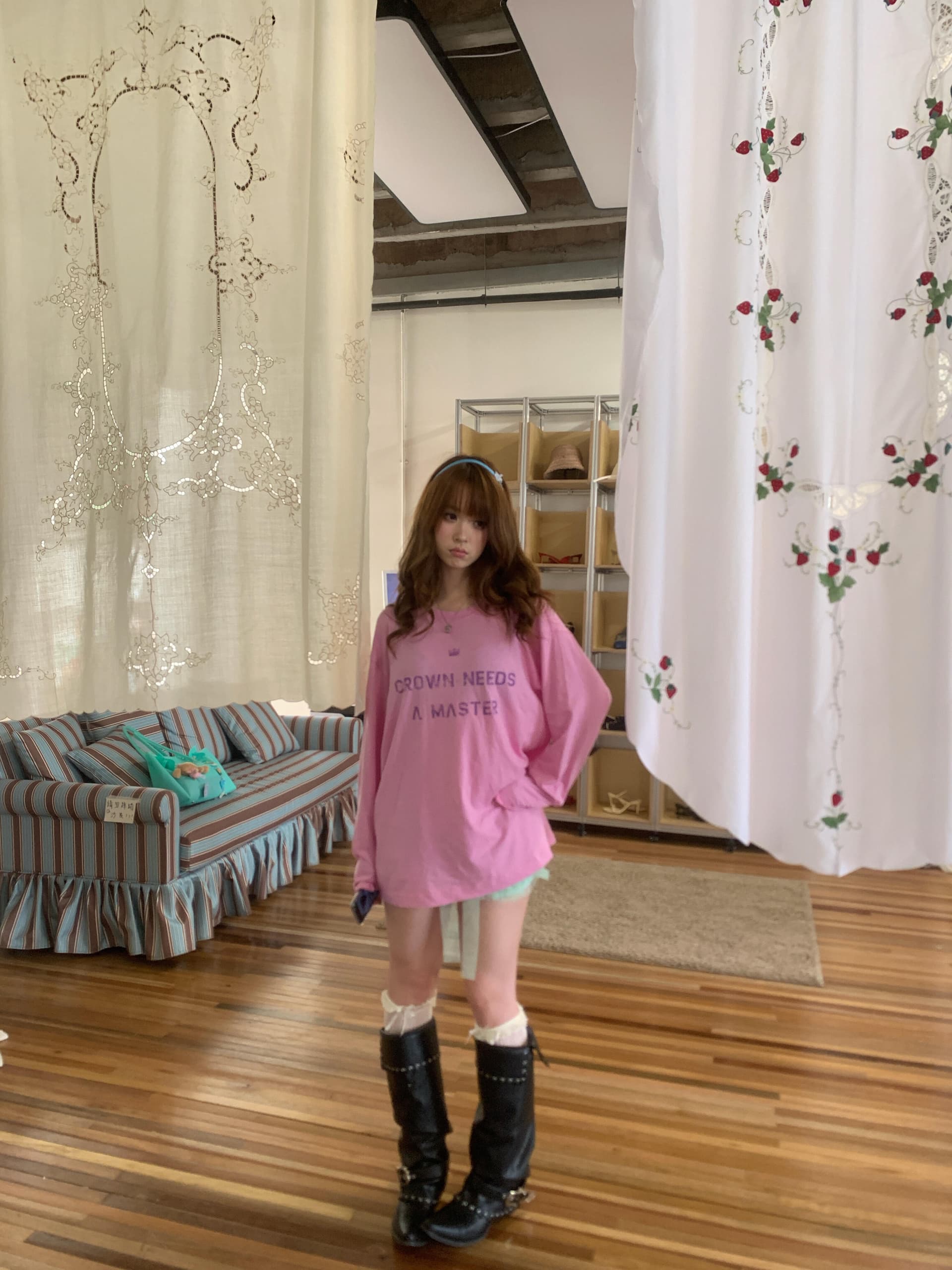 아메리칸 느슨함 센스 오래된 알파벳 프린트 라운드 넥 순면 긴팔 여성 핑크색 다용도 맨위 상세 이미지 5