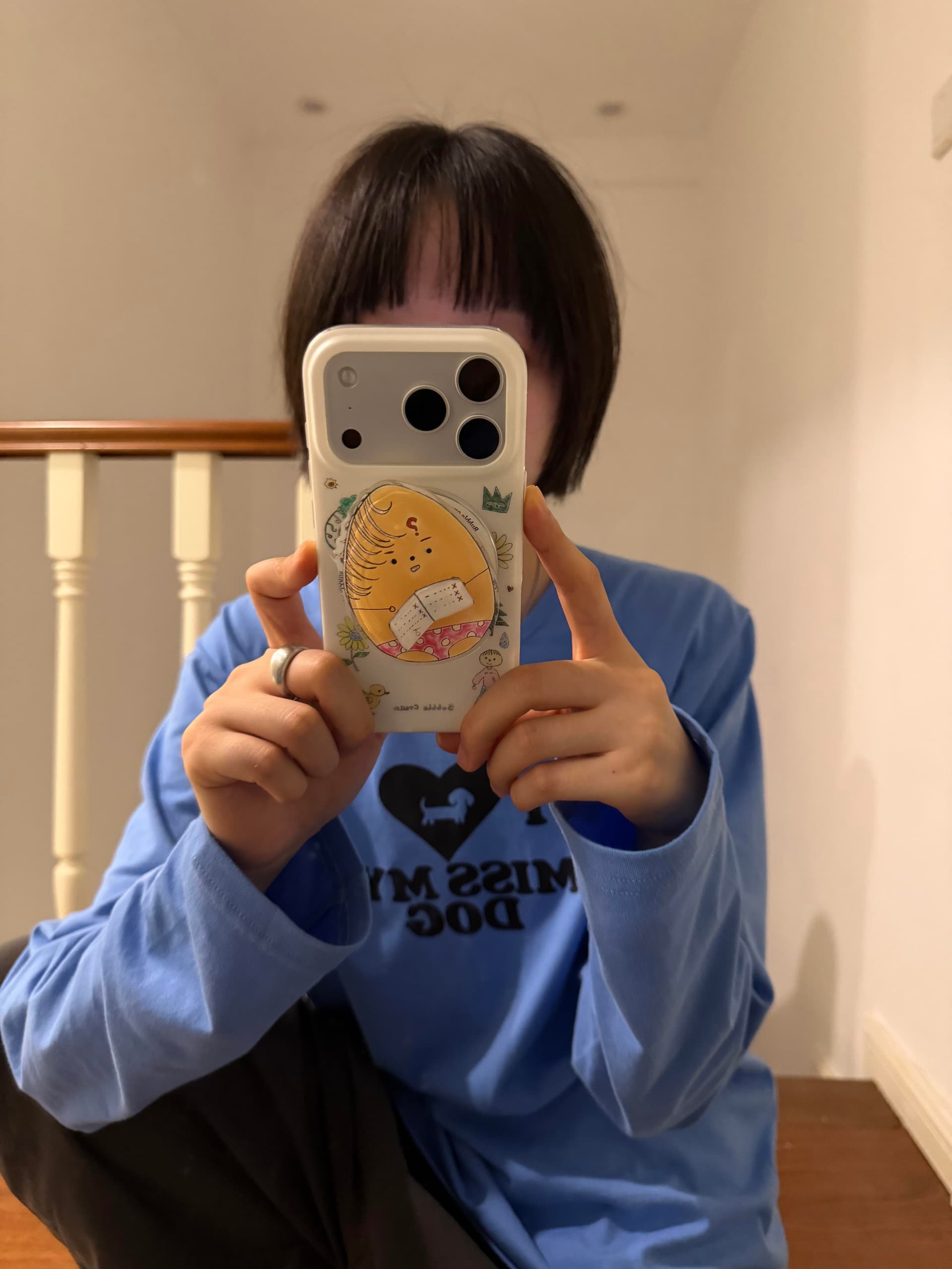 아메리칸 레트로 귀여운 고양이 슬로건 프린트 파란색 라운드 넥 긴팔 티셔츠 남녀 봄 가을 루즈핏 캐주얼 맨위 상세 이미지 5