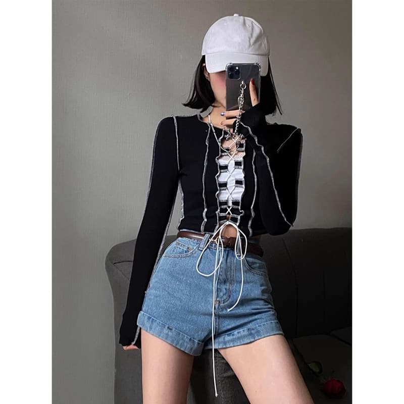 새로운 레트로 다크 바람 Chic 작은 대중 긍정적 인 어깨 셔츠 여성 아메리칸 디자인 센스 스트랩 긴팔 맨위 이미지 3