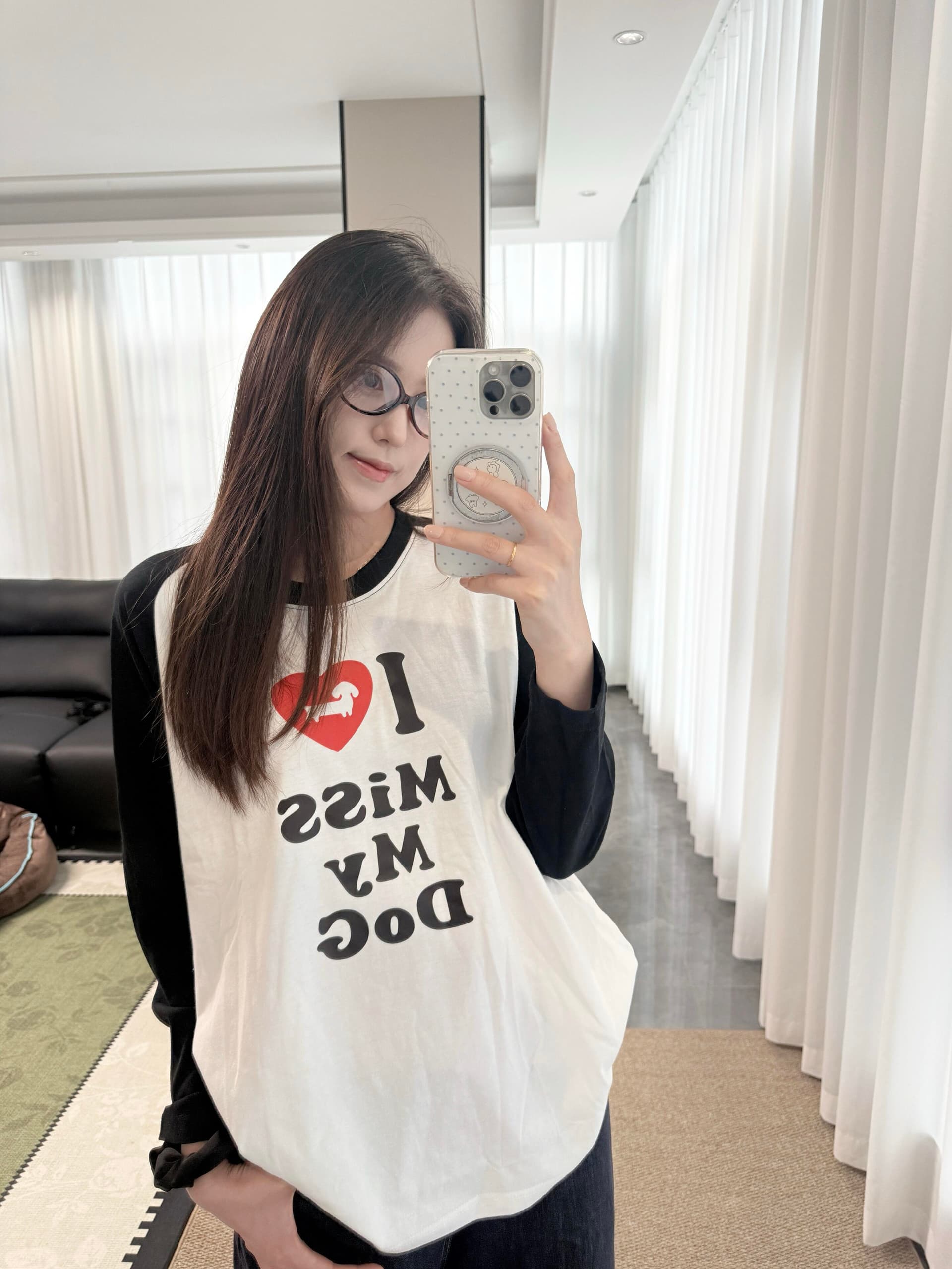 아메리칸 ins 하트 강아지 인쇄 플라워 인서트 어깨 소매 티셔츠 가을 루즈핏 순면 캐주얼 라운드 넥 다용도 맨위 여성 상세 이미지 1