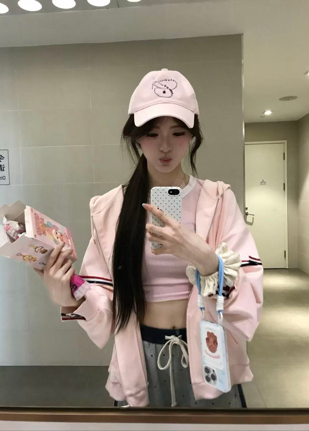 한 부서 삼색 리본 부드러운 핑크색 봄 가을 도루 센스 부드럽다 후드 지퍼 루즈핏 후드티 재킷 이미지 4