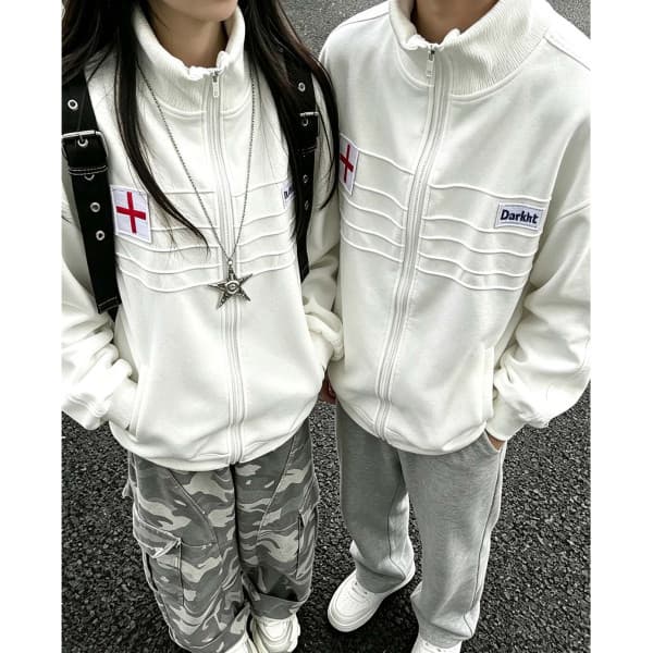 아메리칸 높음 거리 자수 커플룩 후드티 봄 가을 남자 여자 스탠드 칼라 디자인 센스 카디건 코트