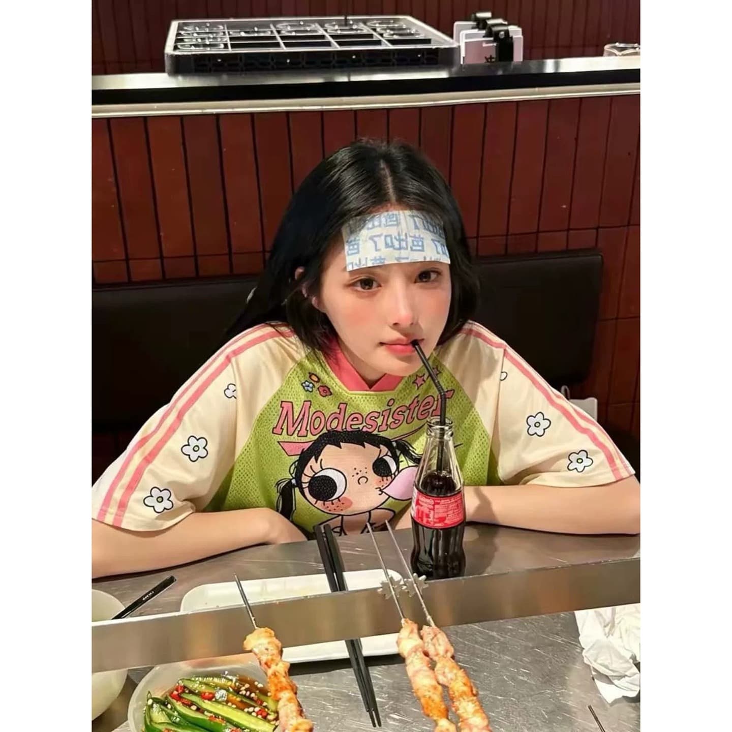 아메리칸 레트로 배색 만화 프린트 V넥 반팔 티셔츠 여성 여름 운동 메쉬 통기성 루즈핏 캐주얼 저지 이미지 5