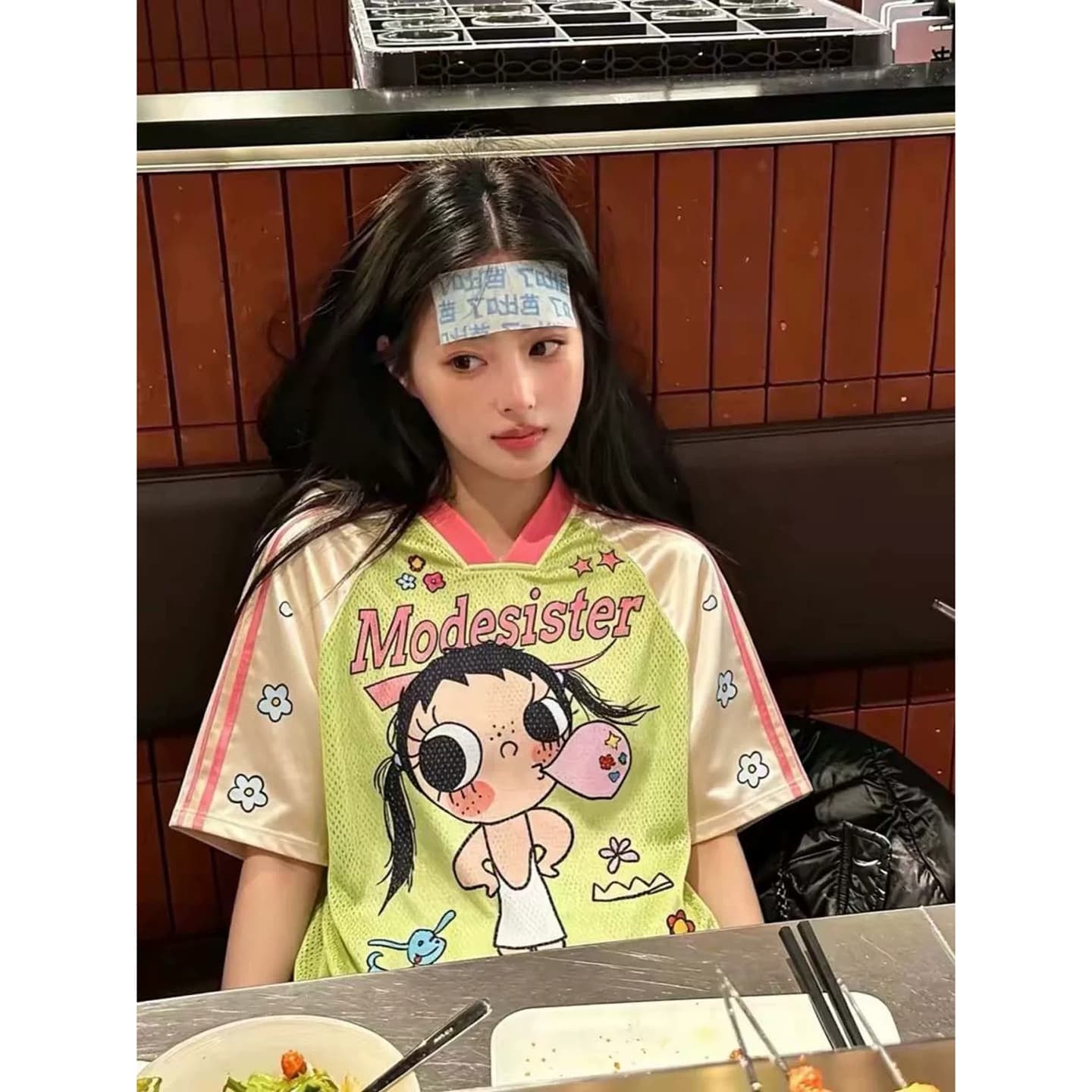 아메리칸 레트로 배색 만화 프린트 V넥 반팔 티셔츠 여성 여름 운동 메쉬 통기성 루즈핏 캐주얼 저지 상세 이미지 2