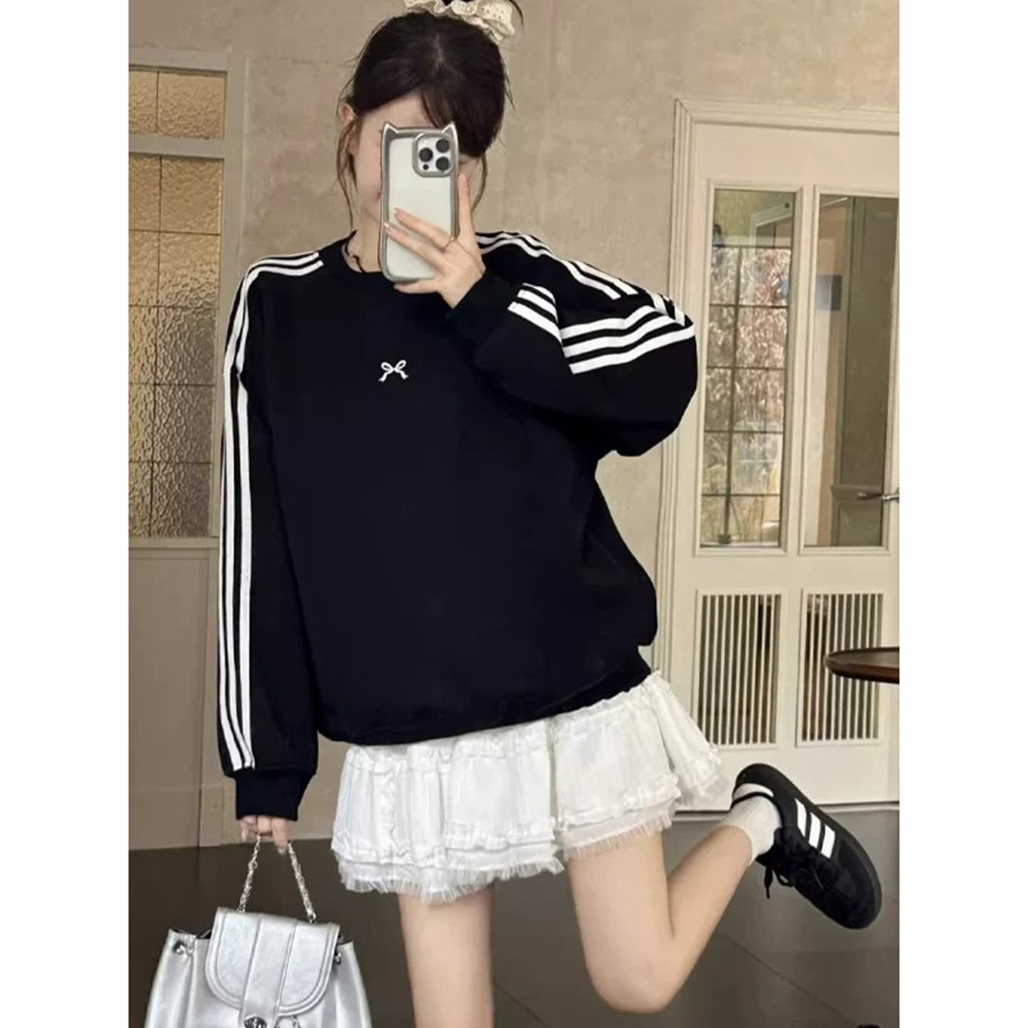 한 부서 이른 가을 검정색 없음 모자 라운드 넥 풀오버 스웨트셔츠 긴팔 맨위