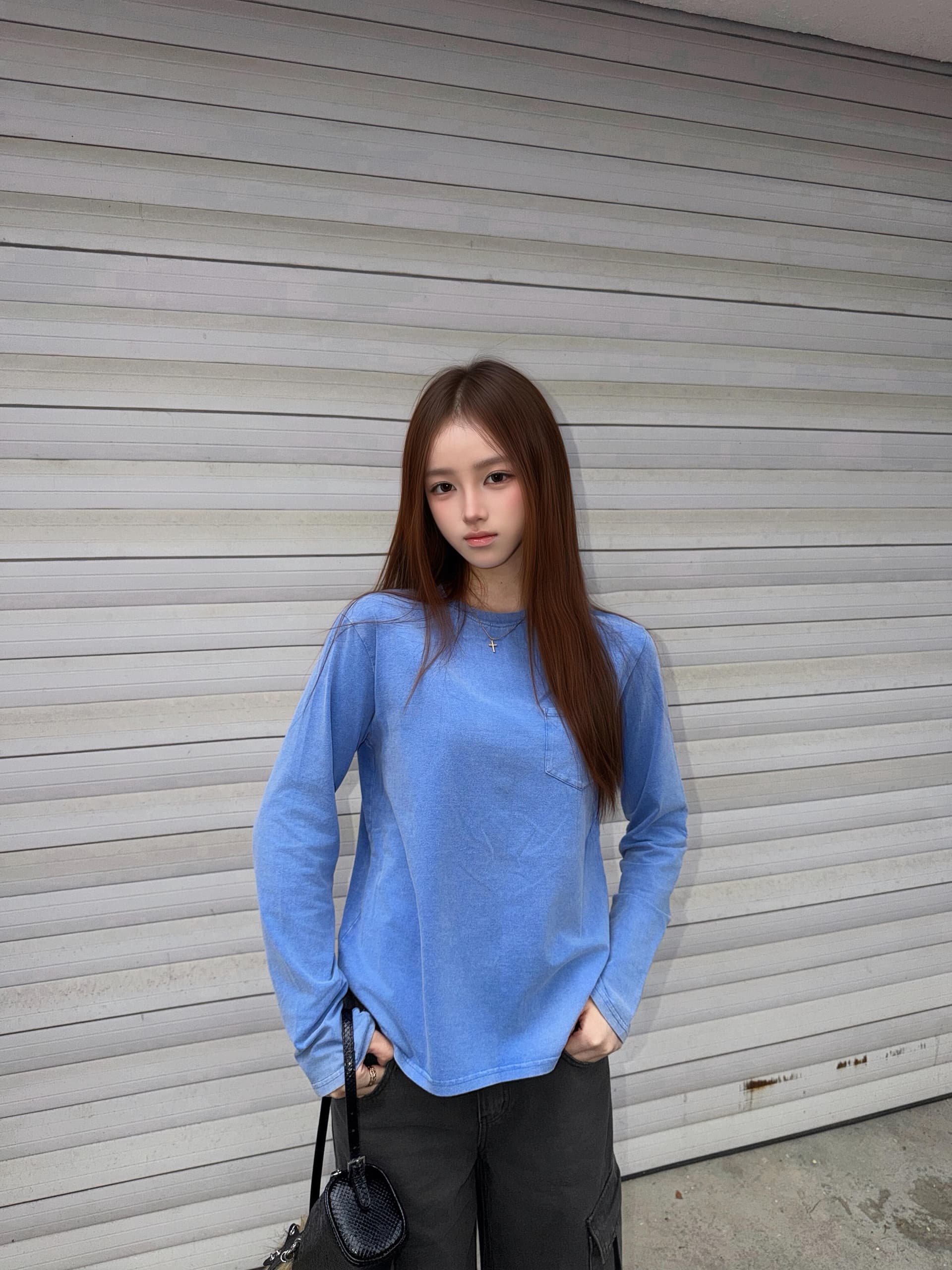 아메리칸 레트로 워싱 마 오래된 파란색 긴팔 티셔츠 여성 이른 가을 루즈핏 커플 만나는 라운드 넥 디자인 센스 맨위