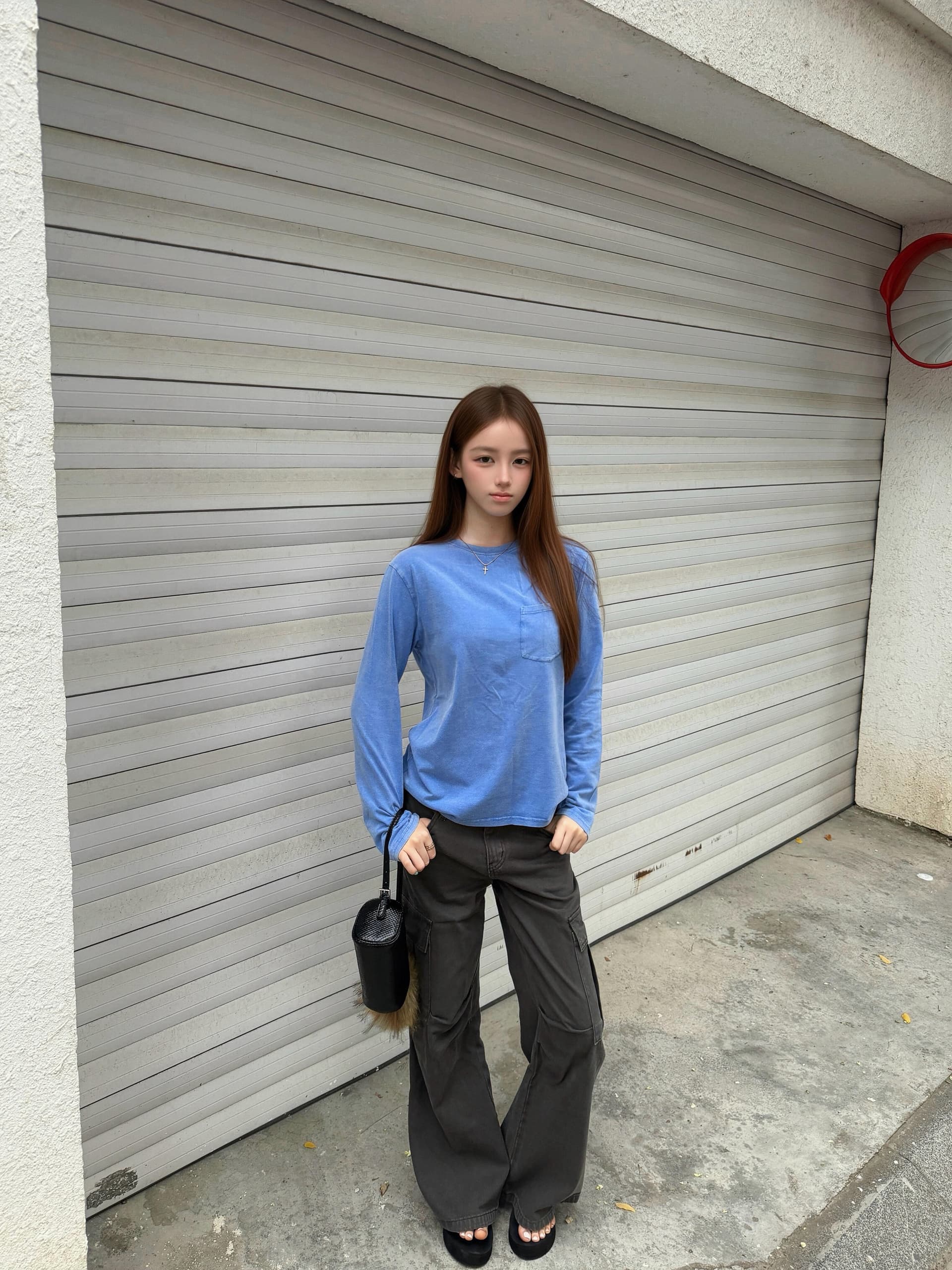 아메리칸 레트로 워싱 마 오래된 파란색 긴팔 티셔츠 여성 이른 가을 루즈핏 커플 만나는 라운드 넥 디자인 센스 맨위 상세 이미지 2