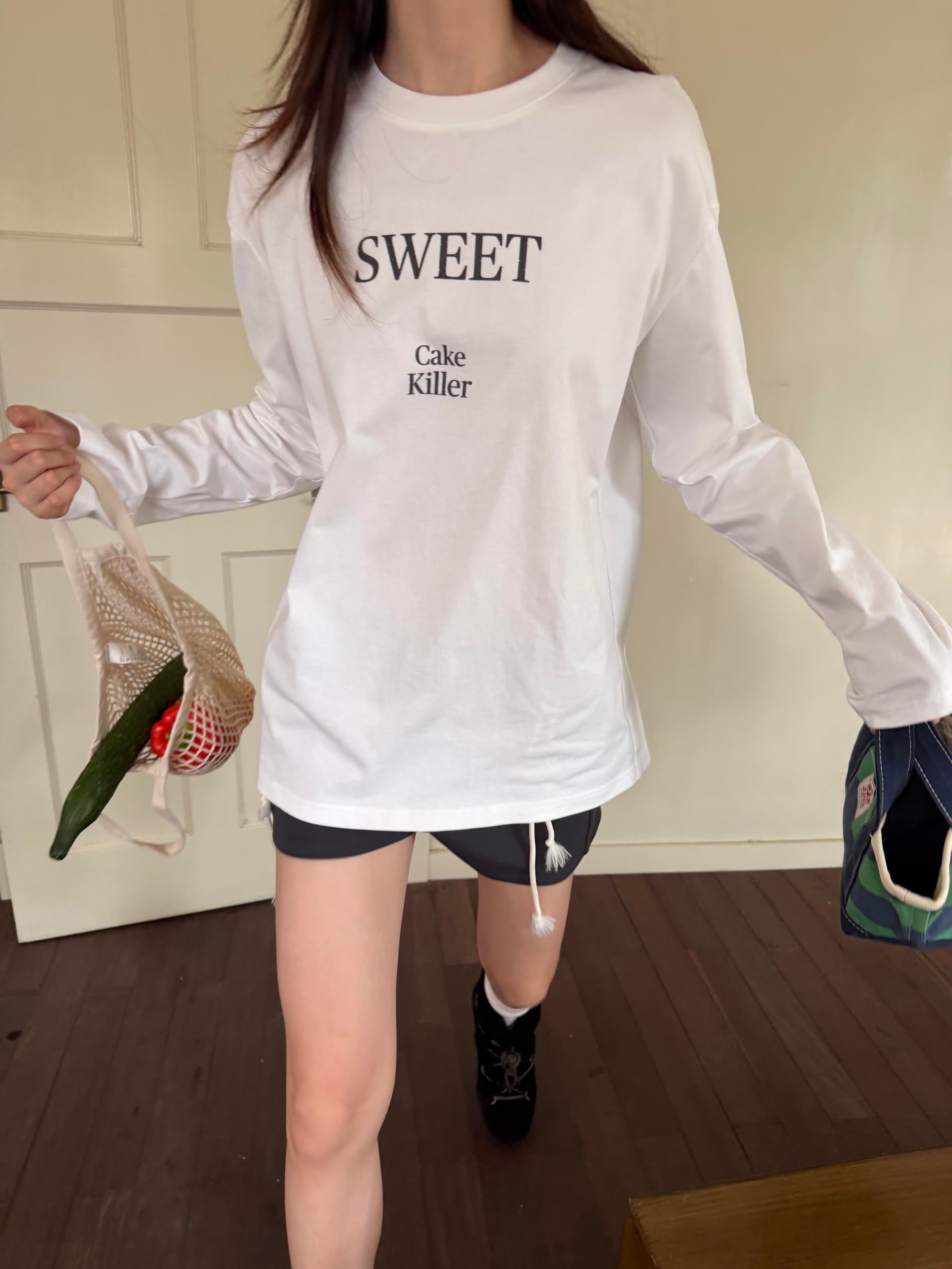 작은 대중 미니멀리즘 운동 알파벳 프린트 느긋한 캐주얼 루즈핏 순면 만나는 긴팔 티셔츠 맨위 여성 상세 이미지 1