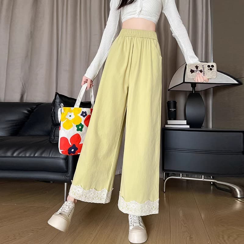 레이스 레이스 하이웨이스트 워시 물 면 스트레이트 와이드 레그 팬츠 루즈핏 슬림해 보이는 캐주얼 바지 다용도 9 포인트 여성용 바지 봄 여름 이미지 4