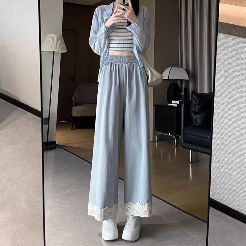 레이스 레이스 하이웨이스트 워시 물 면 스트레이트 와이드 레그 팬츠 루즈핏 슬림해 보이는 캐주얼 바지 다용도 9 포인트 여성용 바지 봄 여름 상세 이미지 2