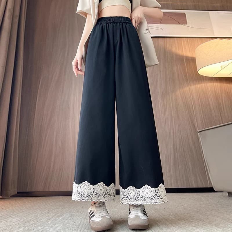 레이스 레이스 하이웨이스트 워시 물 면 스트레이트 와이드 레그 팬츠 루즈핏 슬림해 보이는 캐주얼 바지 다용도 9 포인트 여성용 바지 봄 여름 상세 이미지 3