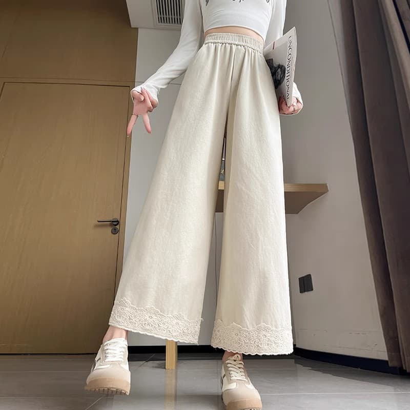레이스 레이스 하이웨이스트 워시 물 면 스트레이트 와이드 레그 팬츠 루즈핏 슬림해 보이는 캐주얼 바지 다용도 9 포인트 여성용 바지 봄 여름 상세 이미지 4