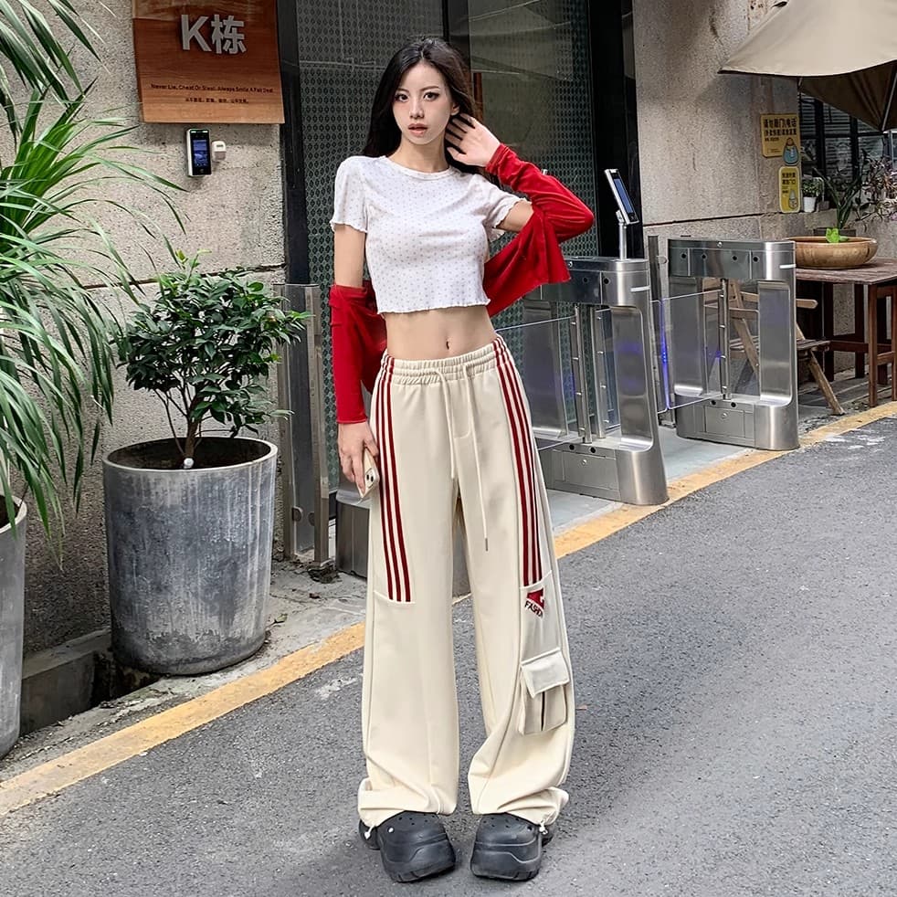 아메리칸 캐주얼 운동 웨이 바지 남녀 봄 가을 조수 브랜드 레트로 3개 바 hiphop 워크웨어 도루 센스 스트레이트 바지