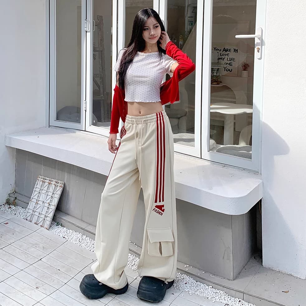 아메리칸 캐주얼 운동 웨이 바지 남녀 봄 가을 조수 브랜드 레트로 3개 바 hiphop 워크웨어 도루 센스 스트레이트 바지 이미지 2