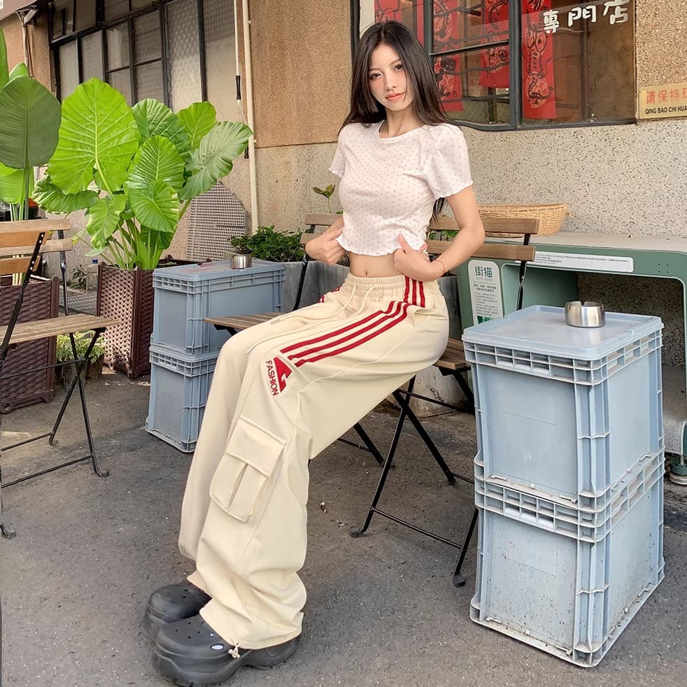 아메리칸 캐주얼 운동 웨이 바지 남녀 봄 가을 조수 브랜드 레트로 3개 바 hiphop 워크웨어 도루 센스 스트레이트 바지 이미지 3
