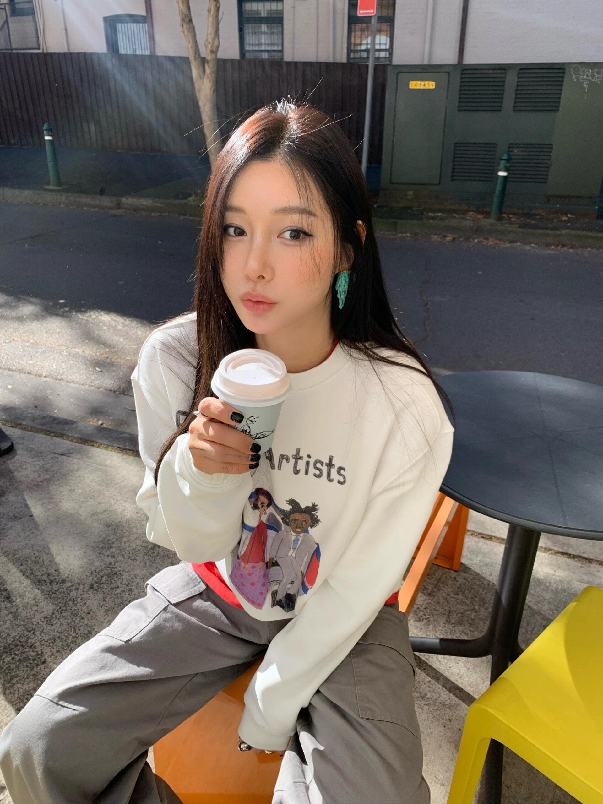 작은 대중 레트로 예술 수채화 만화 프린트 느긋한 캐주얼 루즈핏 순면 라운드 넥 후드티 맨위 이미지 4