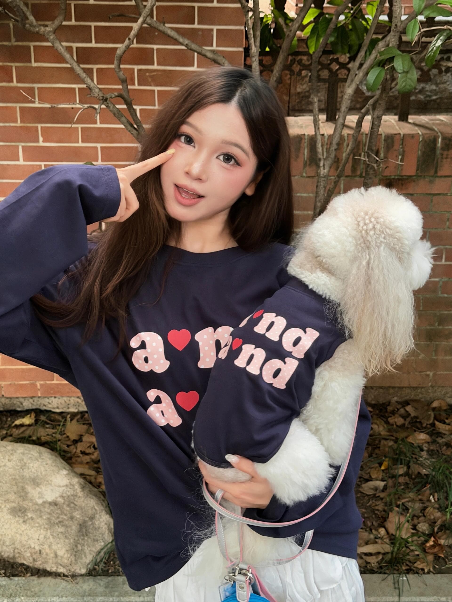 작은 대중 핑크색 하트 슬로건 프린트 느긋한 캐주얼 루즈핏 순면 편안함 긴팔 티셔츠 맨위 여성 상세 이미지 2
