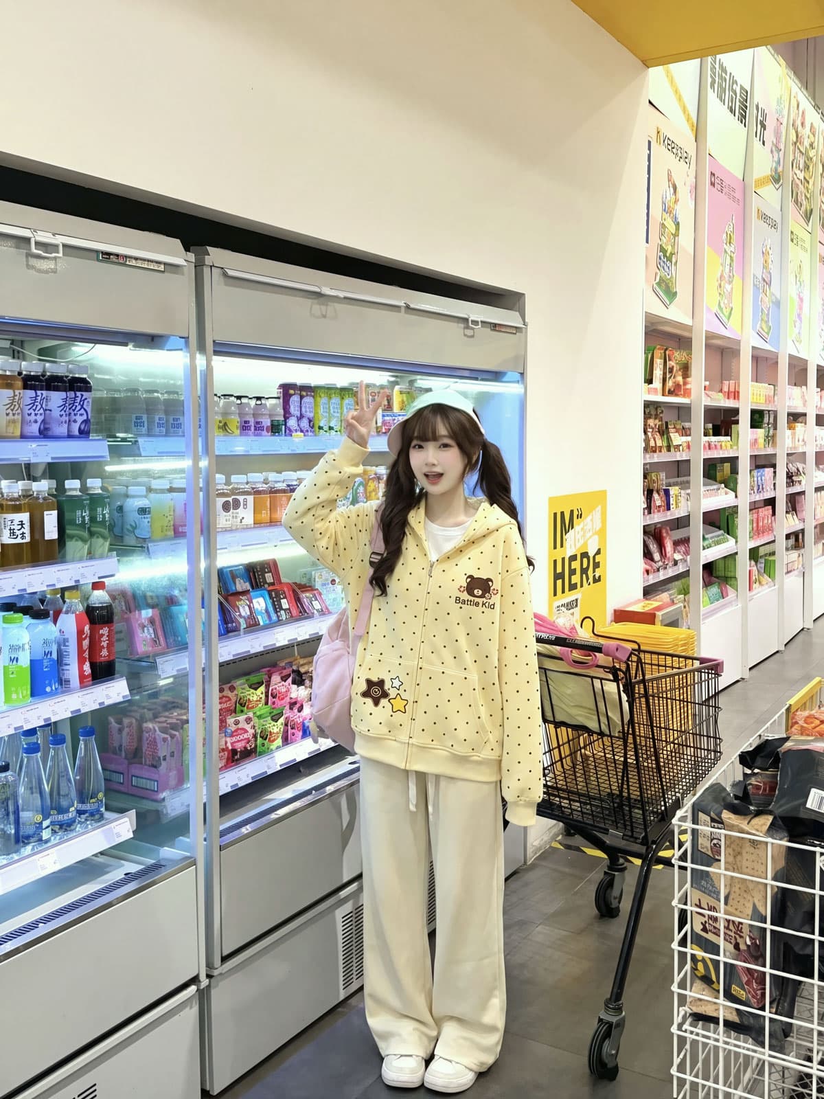 귀여운 만화 작은 곰 프린트 도트 무늬 후드 오픈 가디건 후드티 여성 가을 새로운 루즈핏 학원 스타일 지퍼 재킷 상세 이미지 3