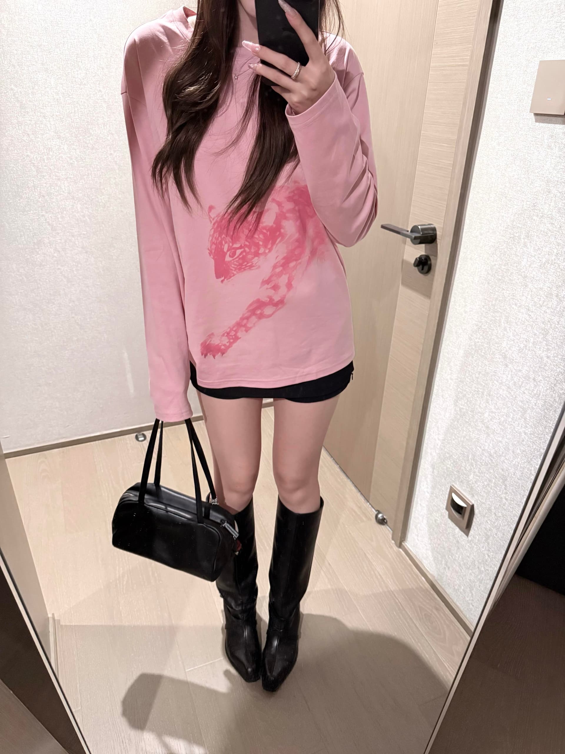 아메리칸 레트로 루즈핏 라운드 넥 긴팔 티셔츠 여성 프린트 봄 가을 핑크색 맨위