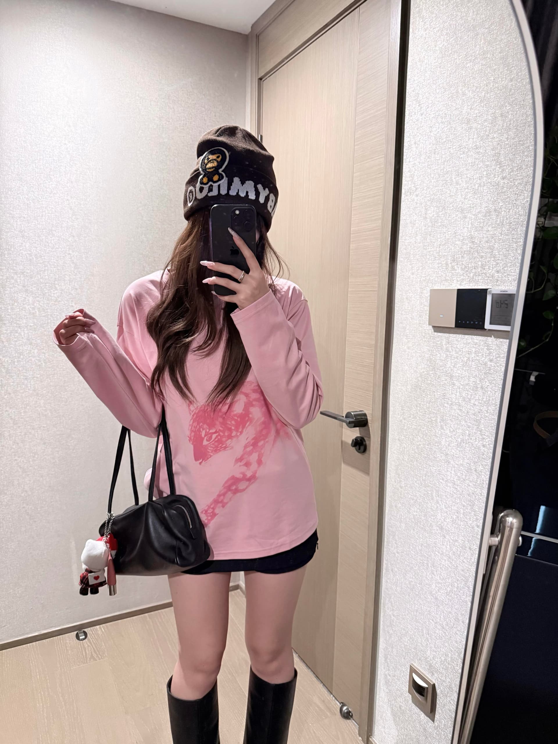 아메리칸 레트로 루즈핏 라운드 넥 긴팔 티셔츠 여성 프린트 봄 가을 핑크색 맨위 상세 이미지 3