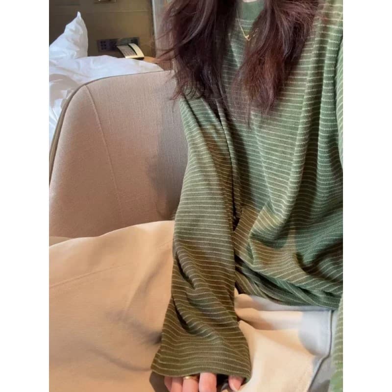 아메리칸 레트로 녹색 긴팔 스트라이프 티셔츠 여성 가을 작은 키 느긋한 루즈핏 다용도 배색 만나는 맨위 상세 이미지 2